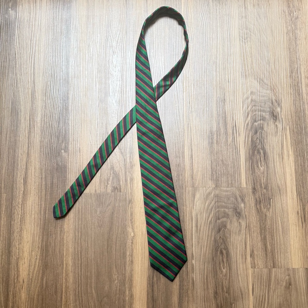 Vtg Land's‎ End Men's Tie Repp Striped Green Blue Red Made in USA 100% Silk